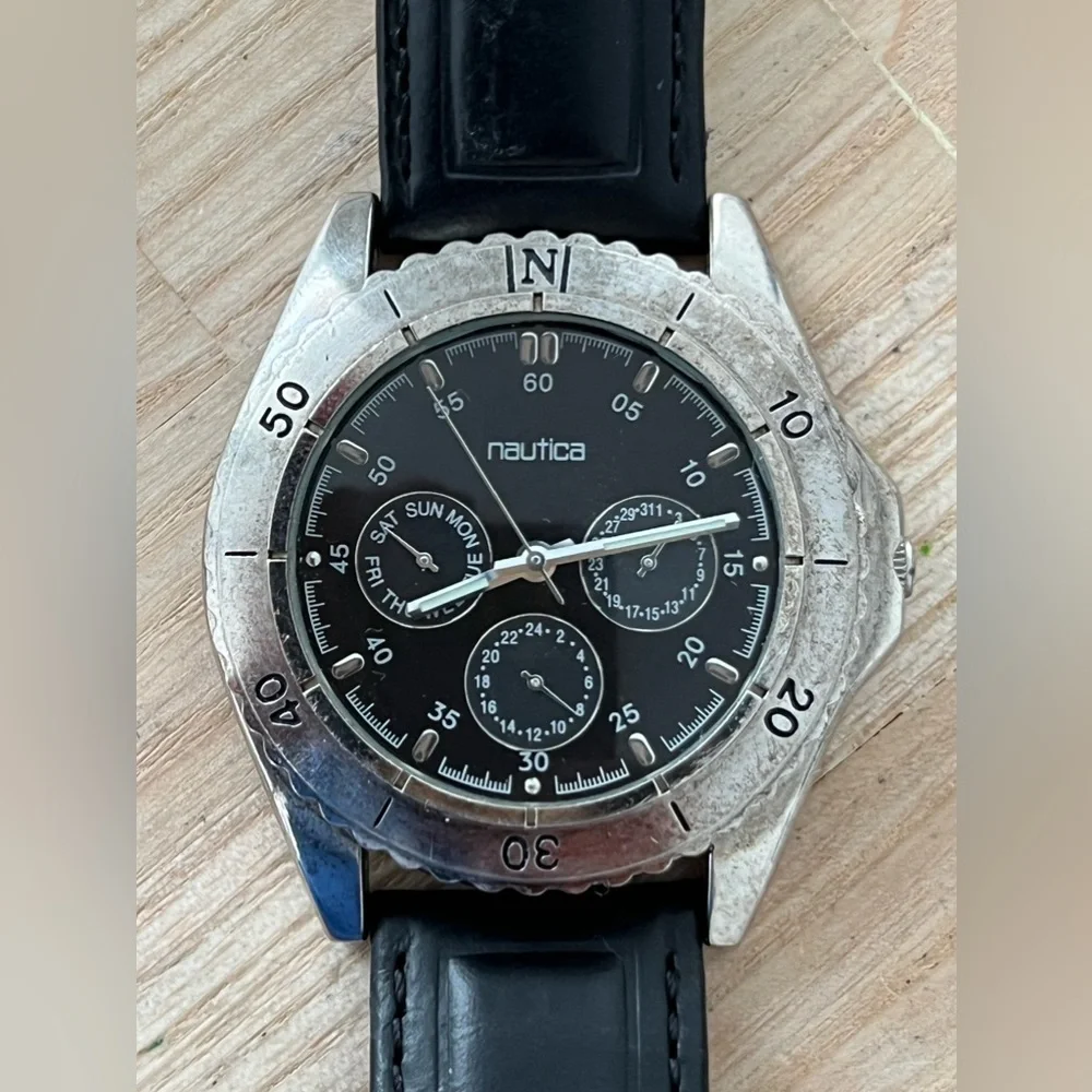 Nautica Vintage Chronograph Style Men’s Watch Black Dial Black Leather Strap